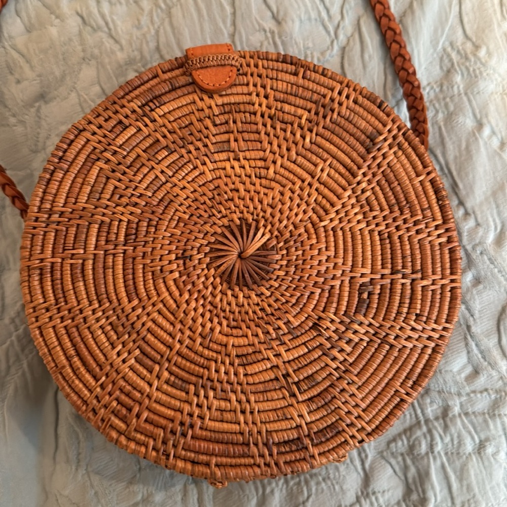 Bamboo woven round crossbody bag with braided leather strap. Fully lined. New.